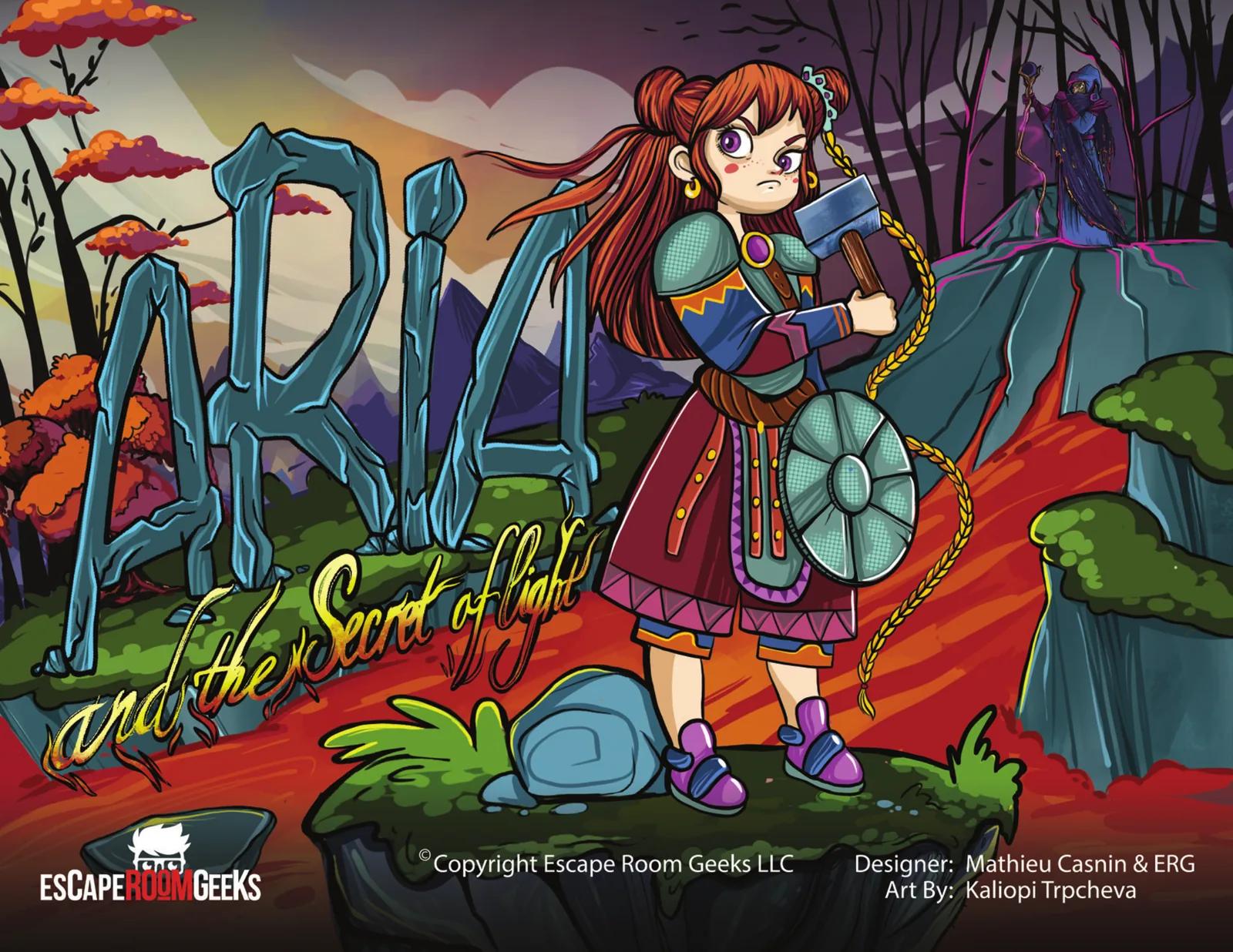 Aria and the Secret of Light cover art — Aria with her shield in a shadowed fantasy world