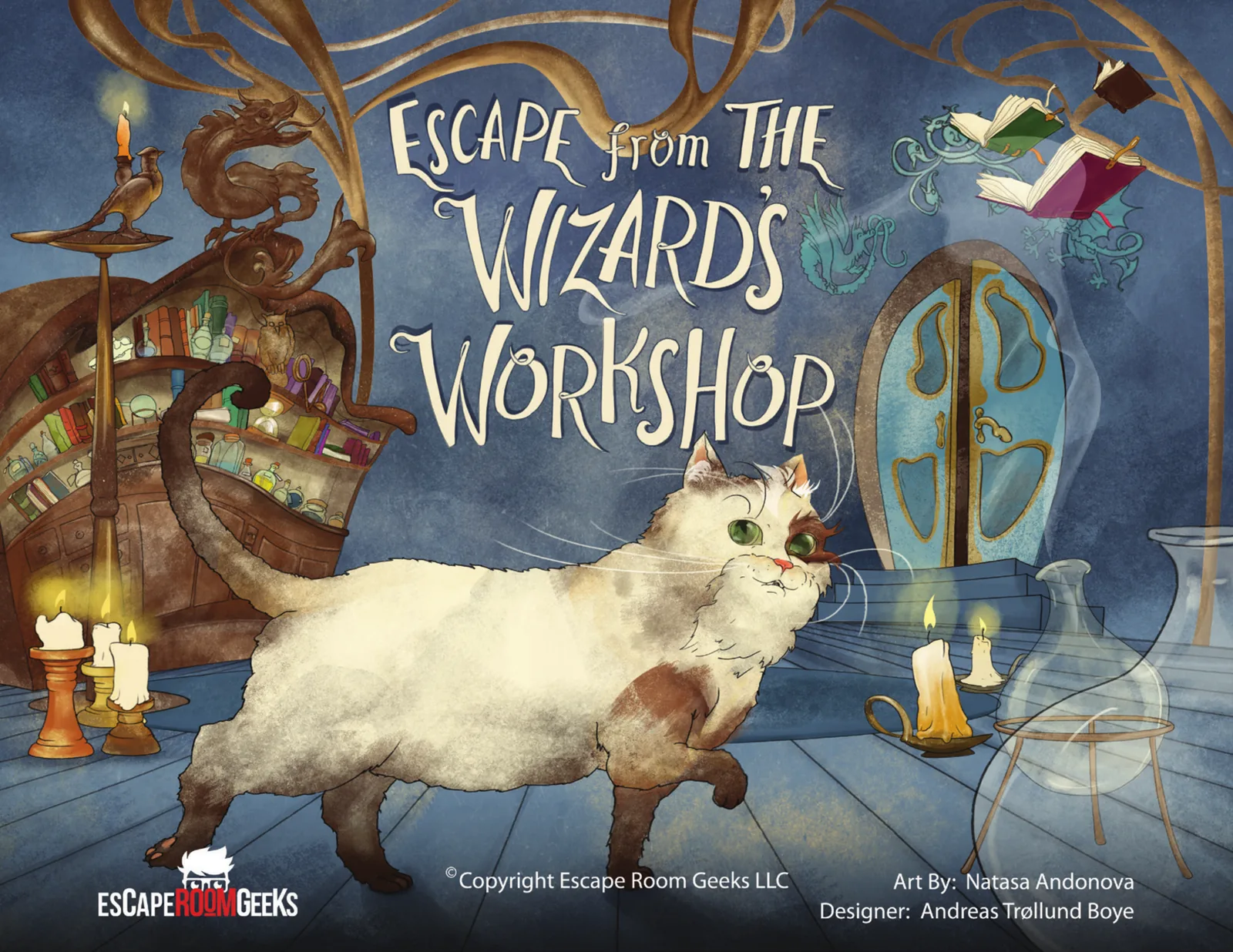 Escape From The Wizard's Workshop cover art — Marshmallow the cat in the candlelit workshop