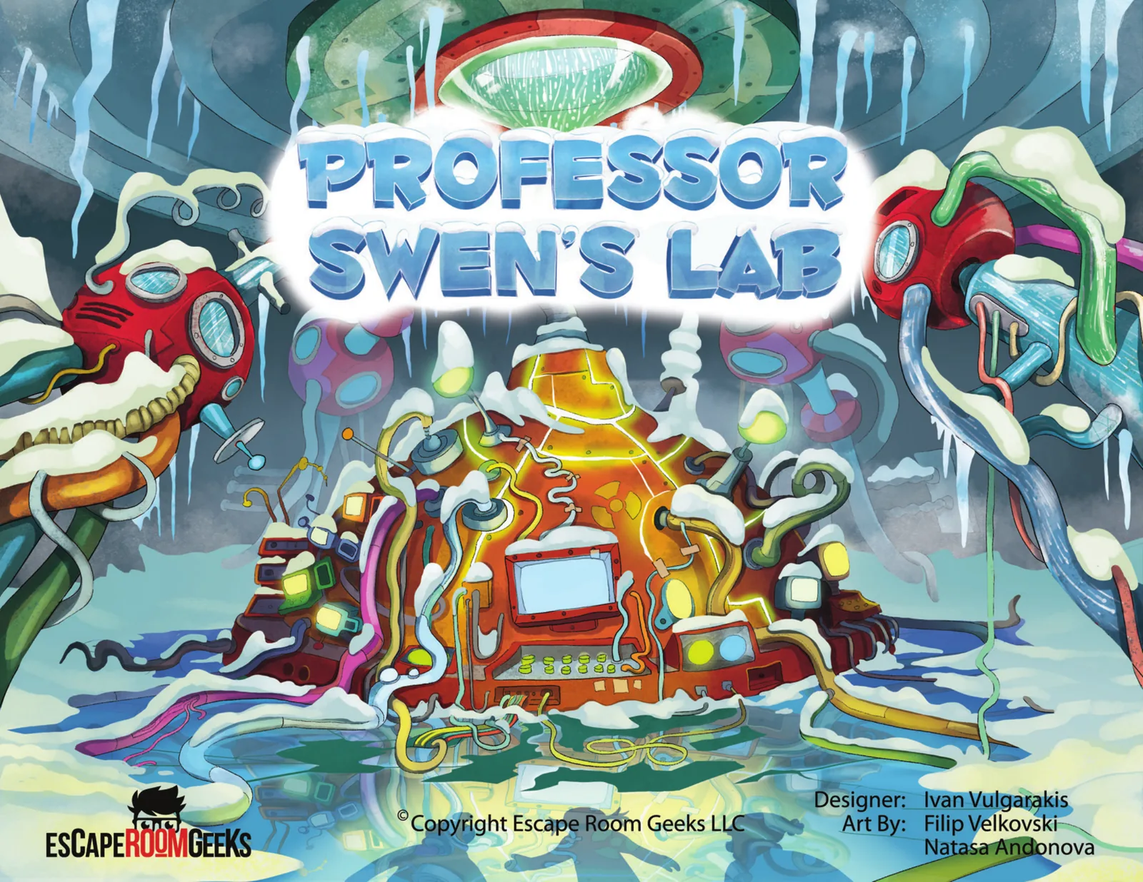 Professor Swen's Lab cover art — the amber snow-destroying machine in an icy blue cavern