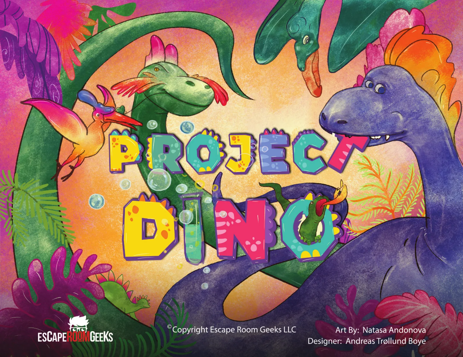 Project Dino cover art — friendly dinosaurs around chunky dino-skin lettering in a sunset jungle