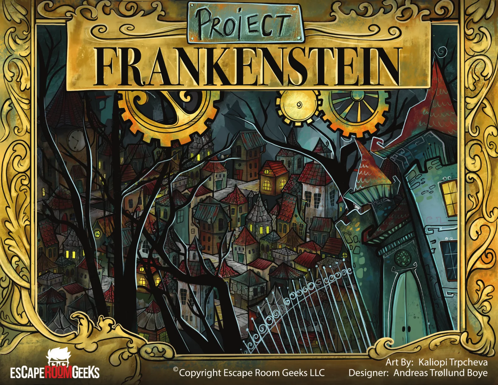 Project Frankenstein cover art — a night village in an ornate gear-cornered gold frame