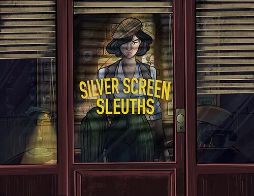 Silver Screen Sleuths cover — Peggy through the rain-streaked door