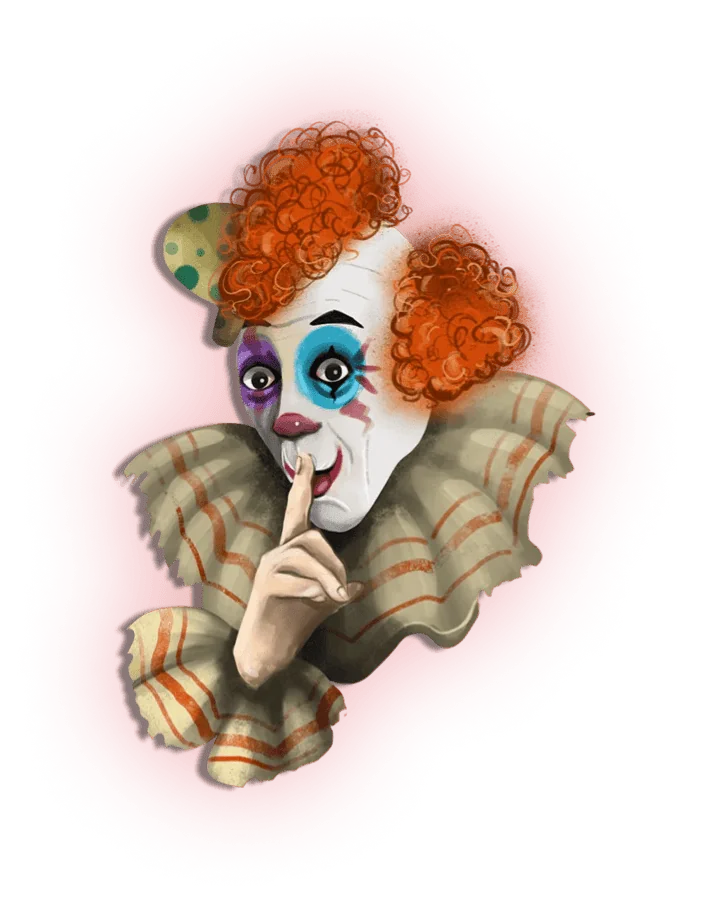 The whiteface clown from Circus Medrano with a finger to his lips
