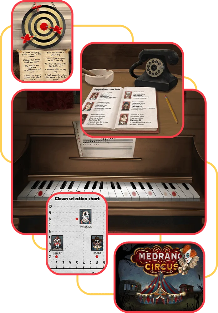The printable Circus Medrano evidence: dartboard, records book, piano puzzle