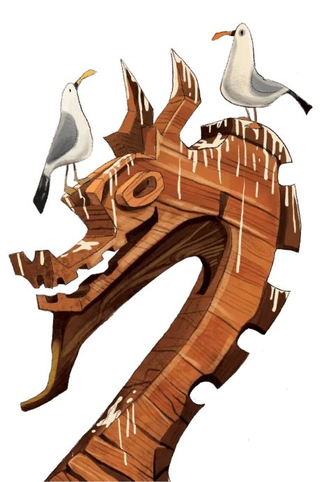 The carved driftwood dragon head with seagulls from the island