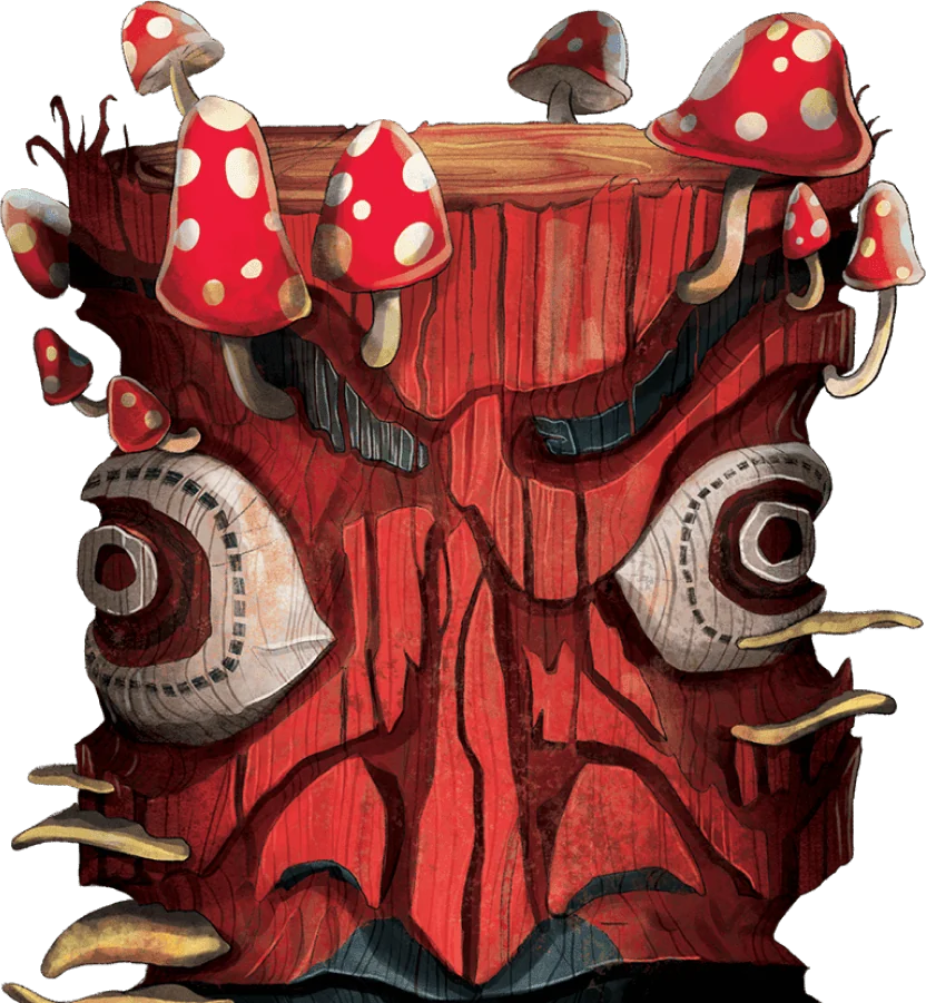 The island's red carved totem, mushroom-crowned with fierce carved eyes