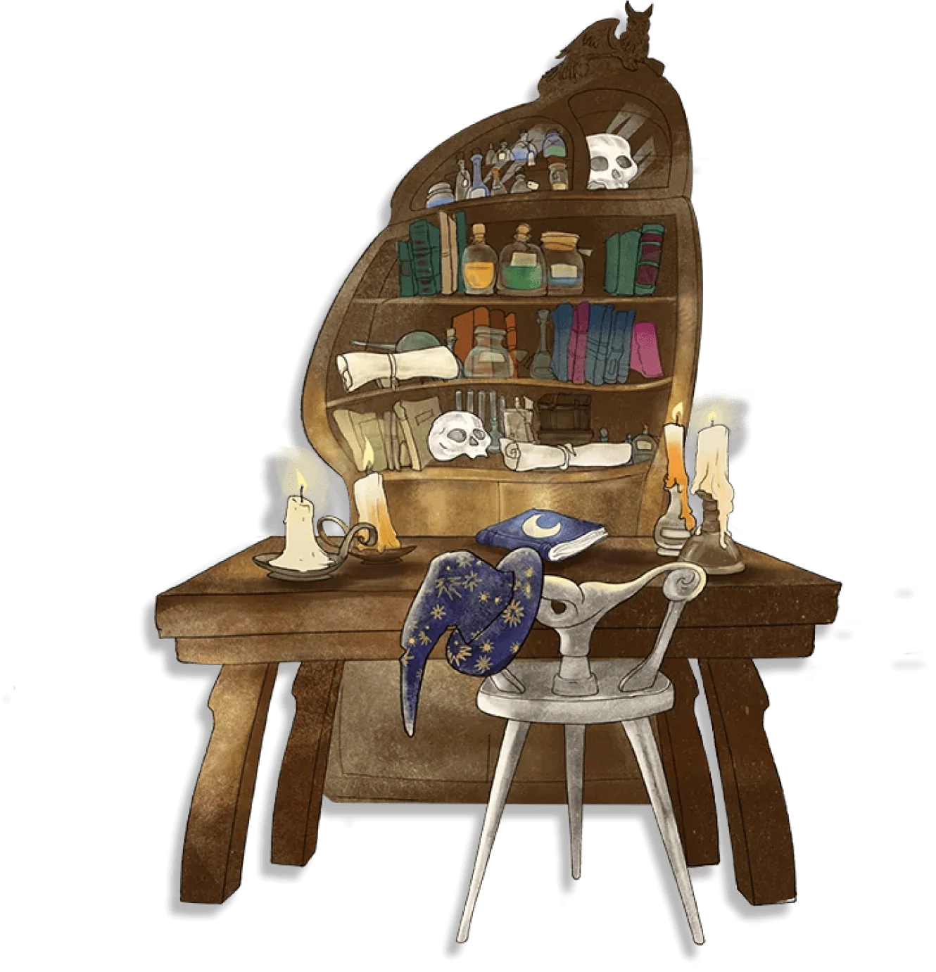 The wizard's desk — curved bookshelf, potion bottles, candles and the moon-and-stars hat