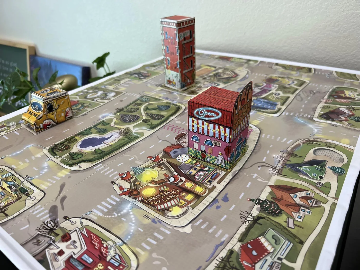 The assembled 3D paper city map with fold-up buildings