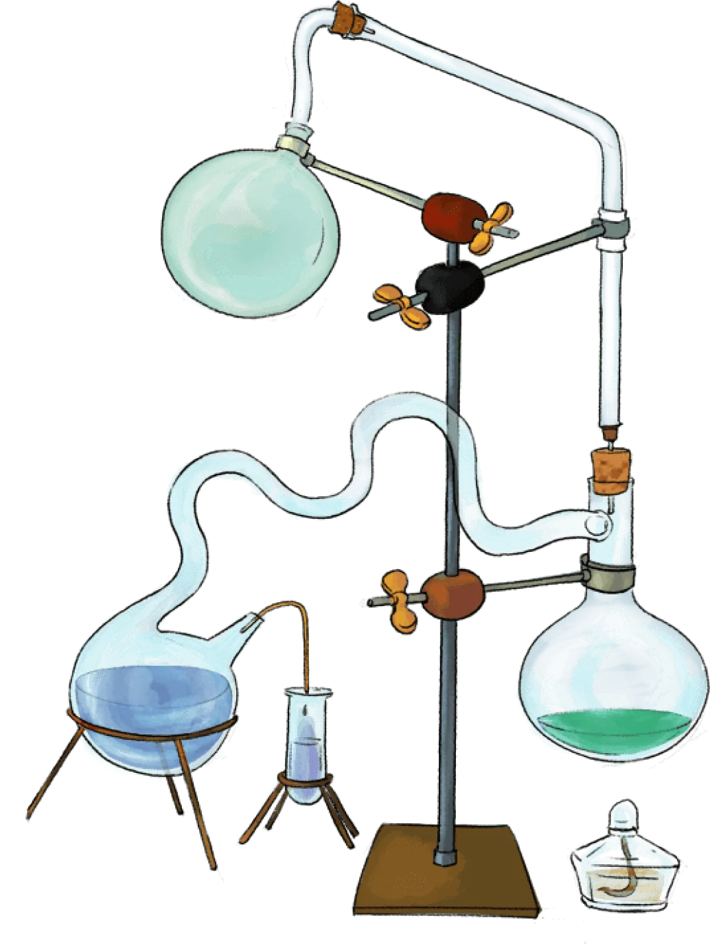The lab's glass distillation apparatus with colored liquids