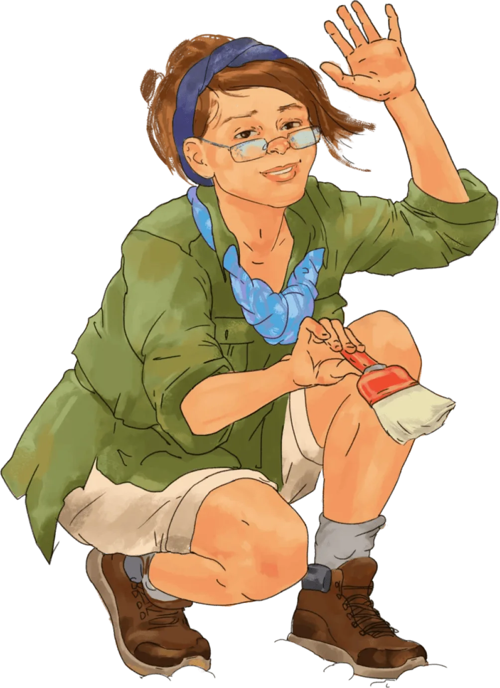 Delphi, the field archaeologist from Project Dino, waving with her fossil brush