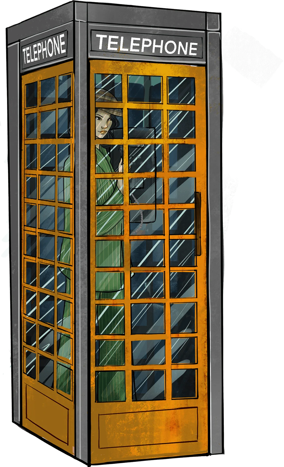 Peggy in the rust-gold telephone booth, rain streaking the glass