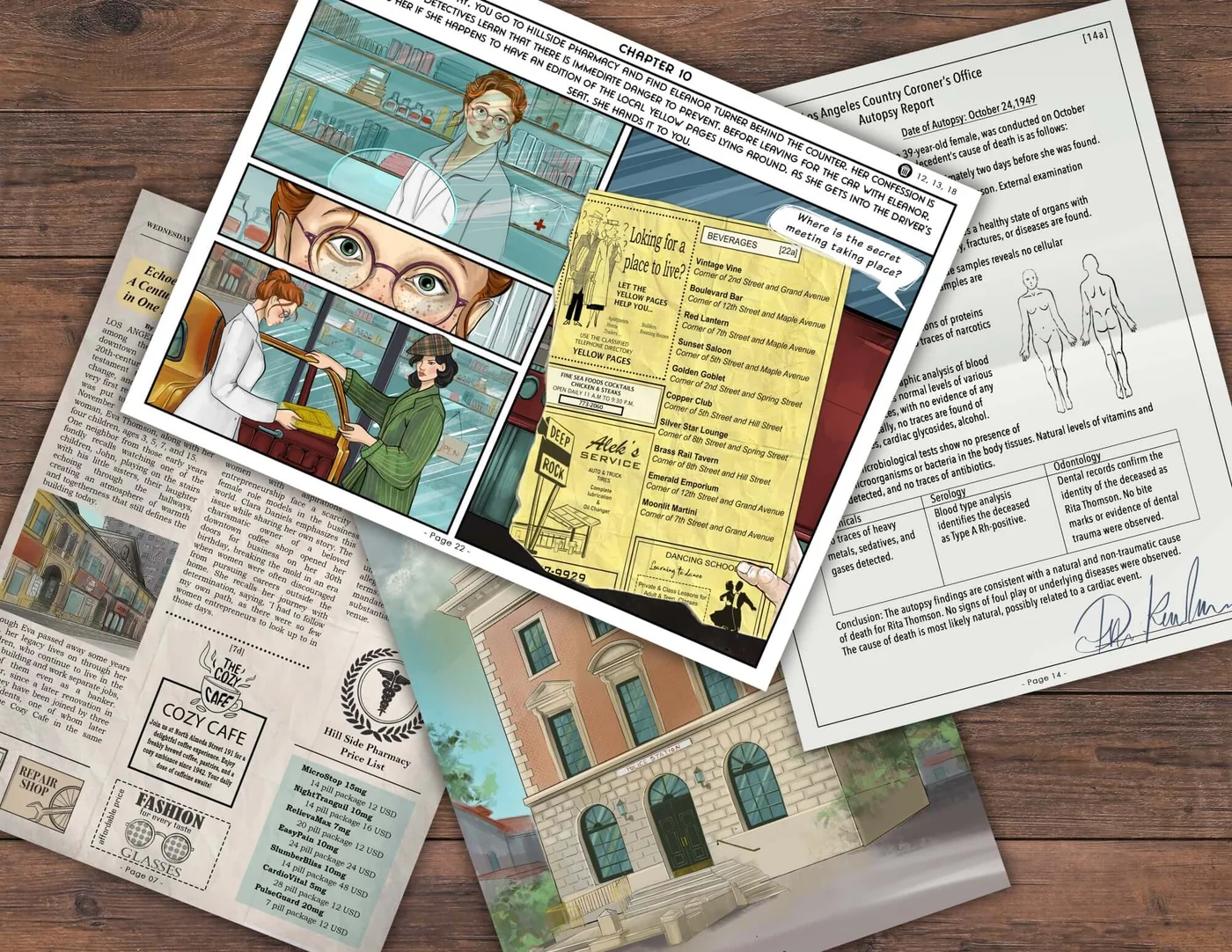 The printed Silver Screen Sleuths evidence spread: comic pages, autopsy report, newspaper