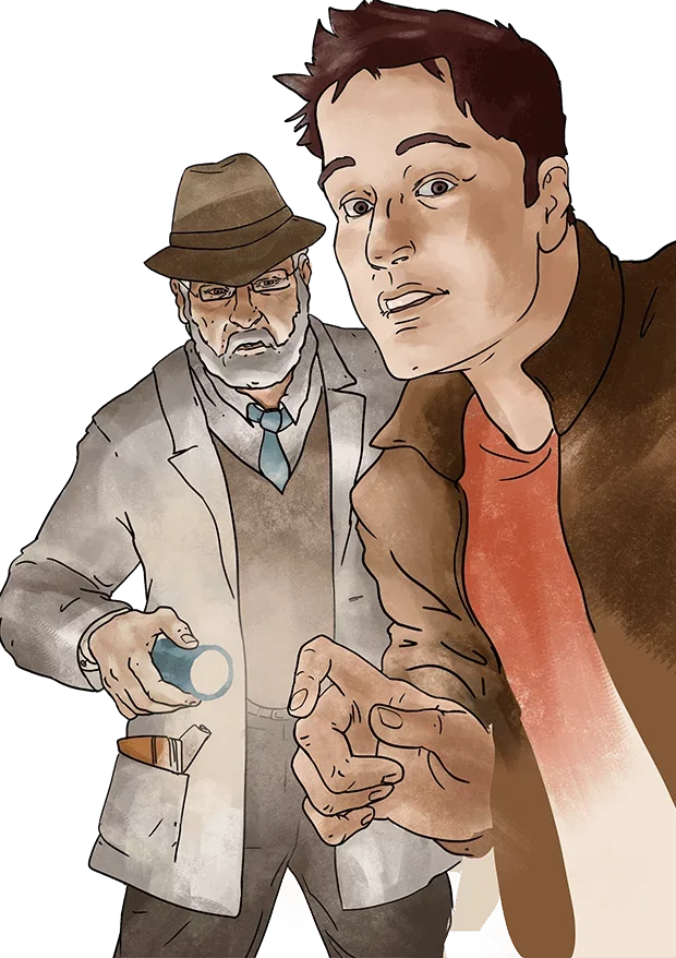 Bartholomew and Oscar with a flashlight, deep in the shrine