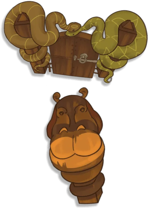 Die-cut props from the game: the snakes-wrapped chest door and wooden hippo totem