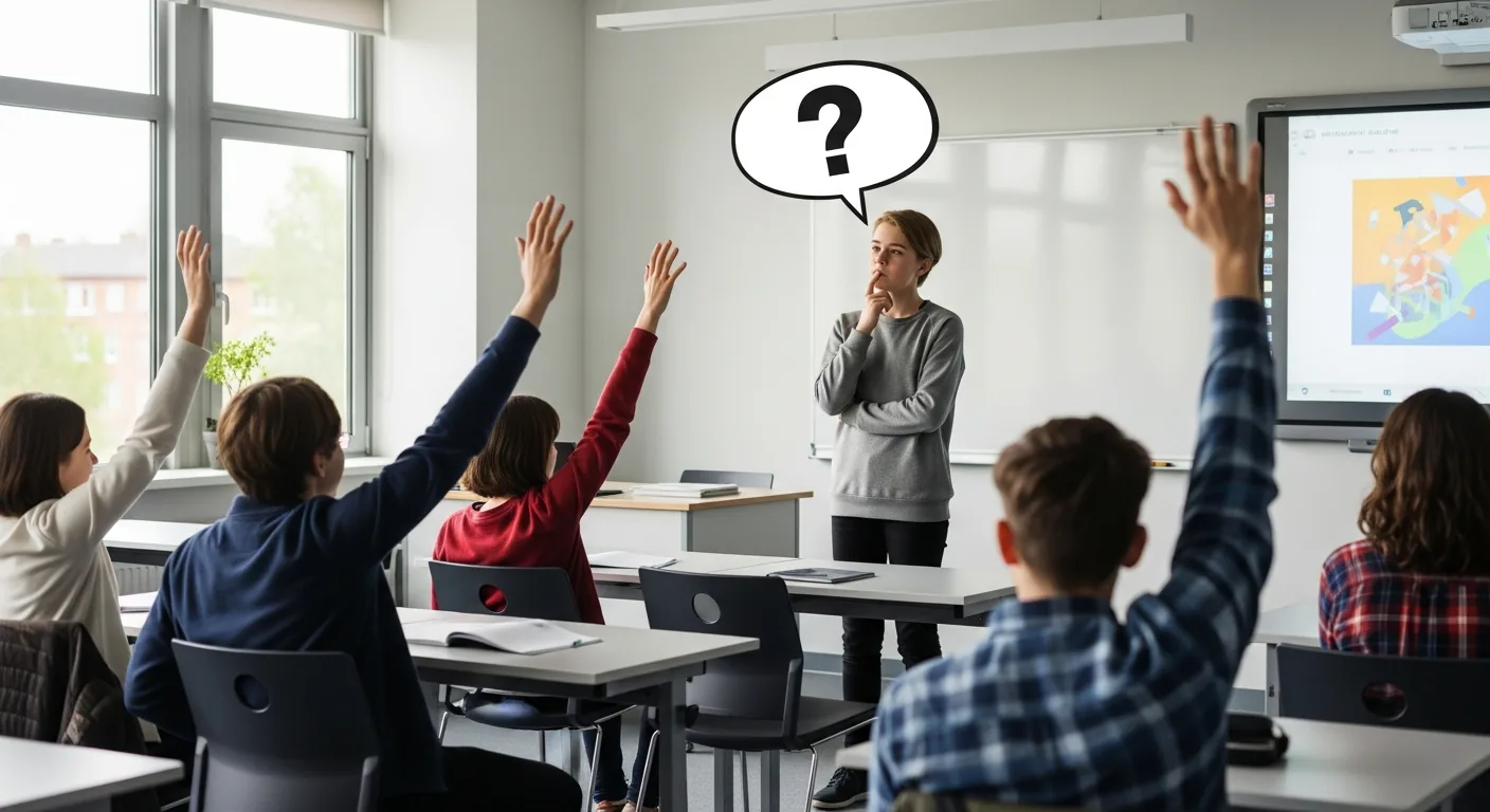 Estudiantes jugando al juego de las 20 preguntas en el aula.