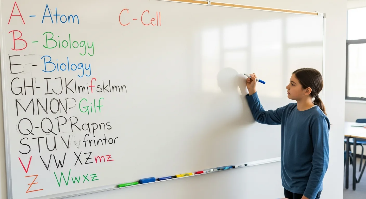 Juego de lluvia de ideas del alfabeto de la A a la Z en la pizarra blanca del aula.