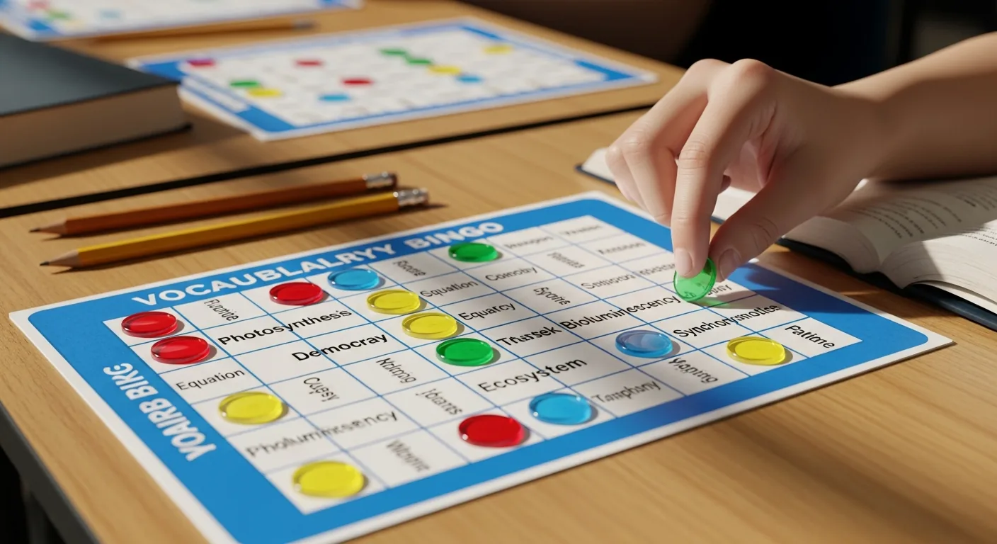 Tarjetas de bingo de vocabulario personalizadas en el escritorio del estudiante.