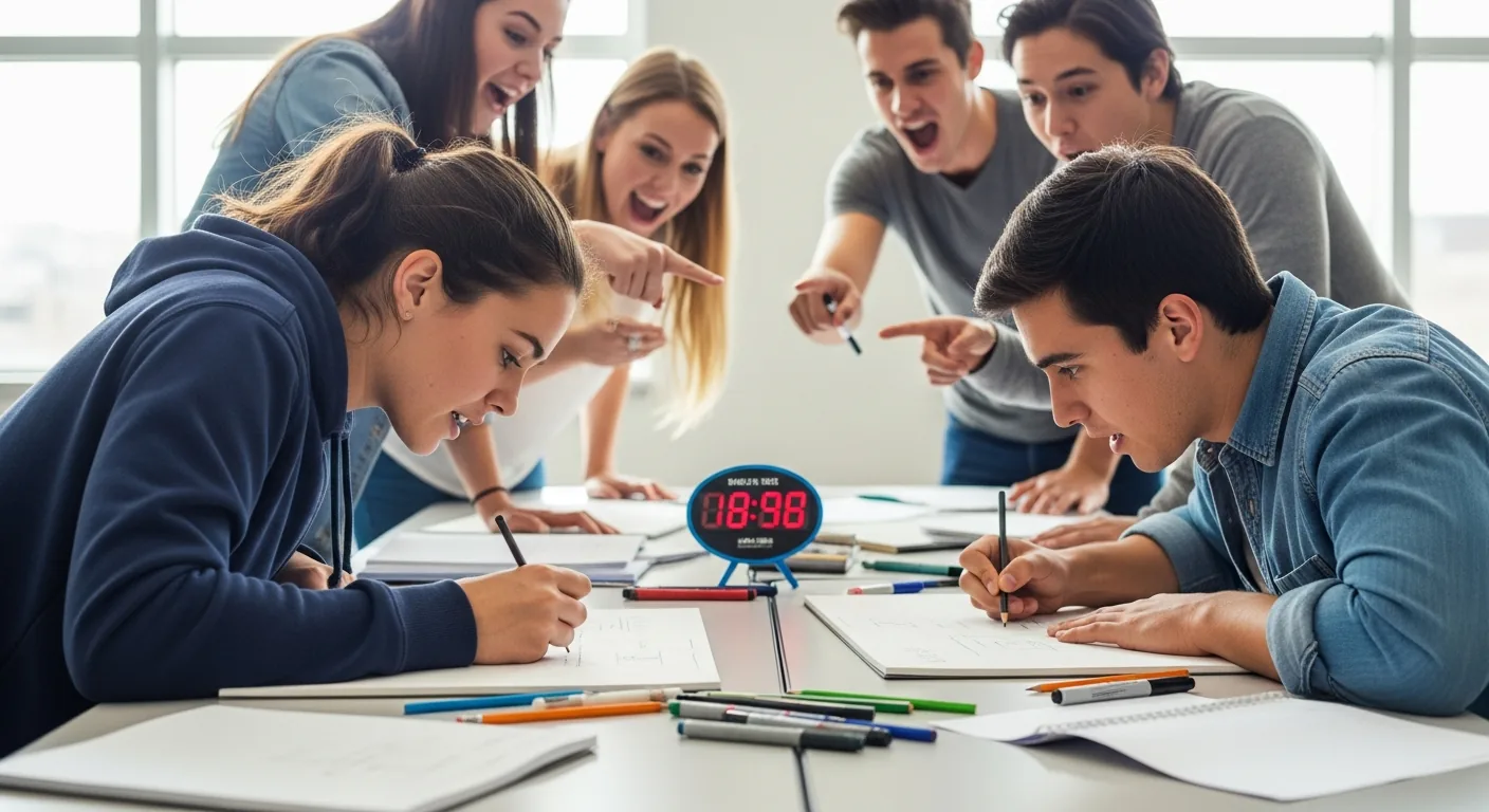 Dos estudiantes compitiendo en el juego de pizarra blanca Draw Swords.