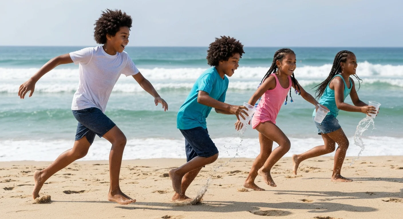 Kids doing water bucket relay race on the beach