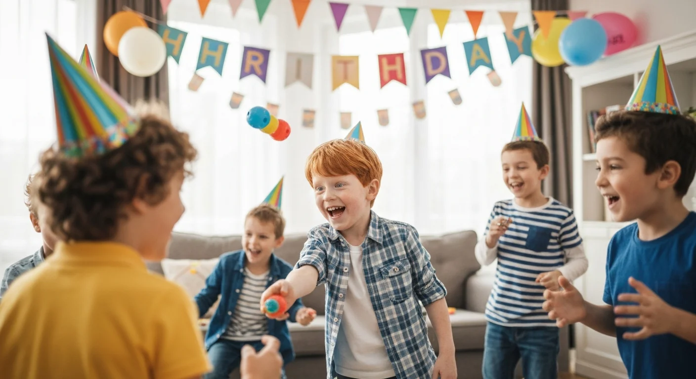 Kinder spielen „Eselschwanz anstecken“ auf einer Geburtstagsfeier