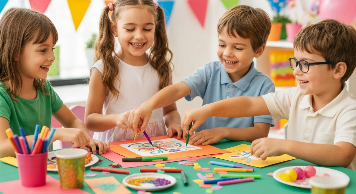 Kinder, die auf einer Geburtstagsfeier kreativ basteln.