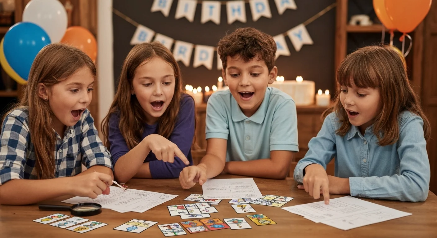 Kinder lösen ein ausdruckbares Escape-Room-Rätsel auf einer Geburtstagsfeier