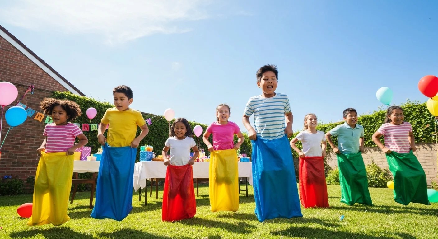 Kinder veranstalten einen Sackhüpfen bei einer Geburtstagsfeier im Freien