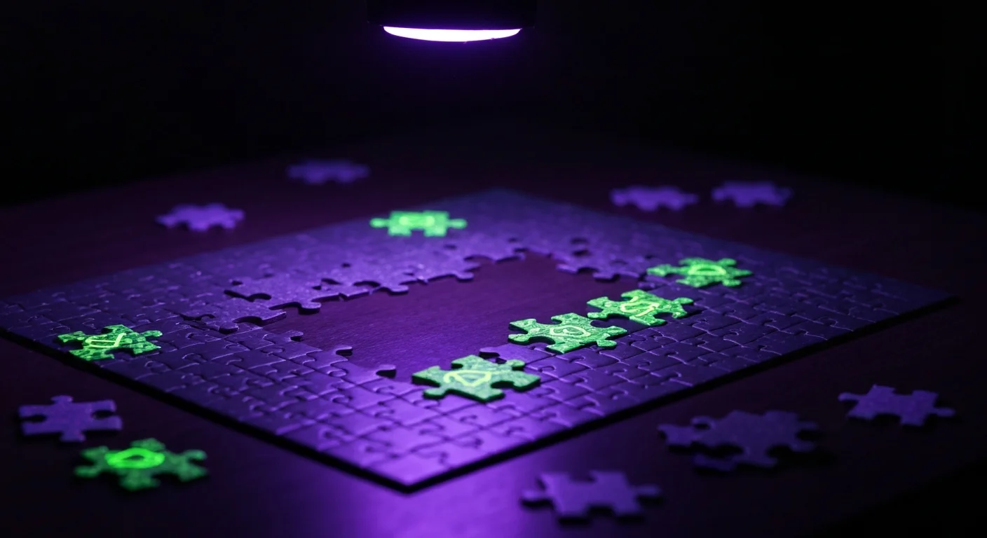 Jigsaw puzzle under blacklight revealing hidden fluorescent clues in DIY escape room