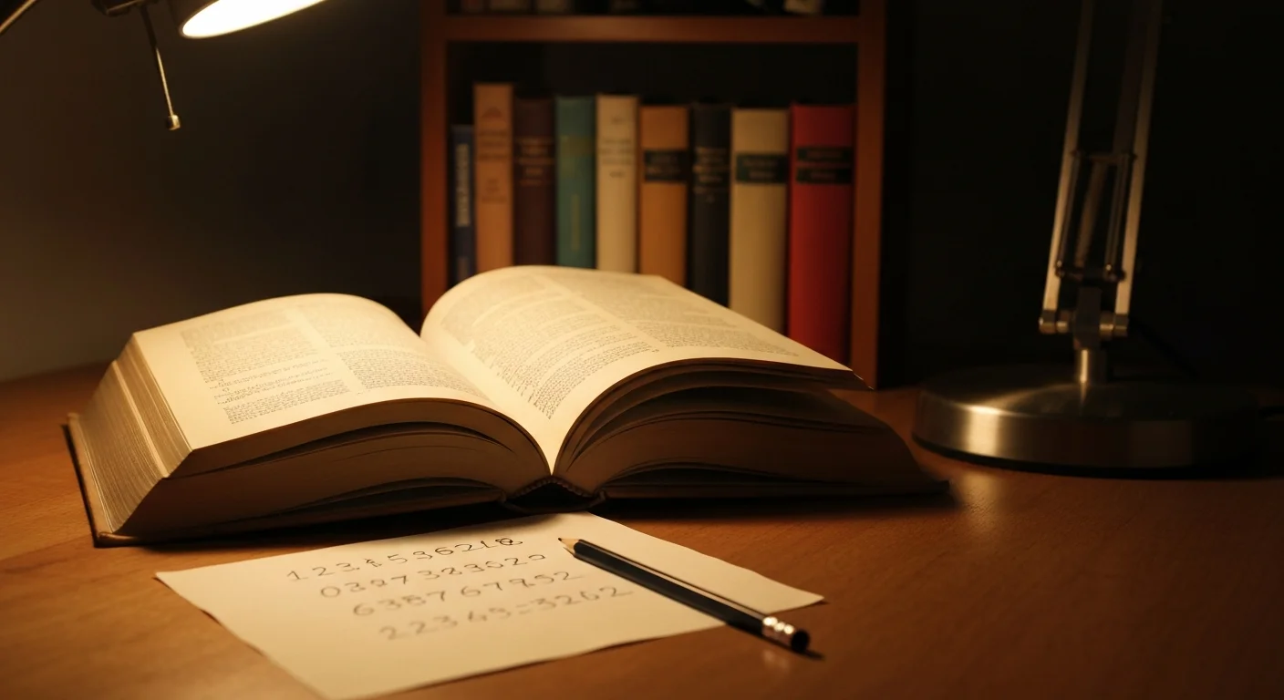 Open vintage book with number codes on paper for book cipher escape room puzzle