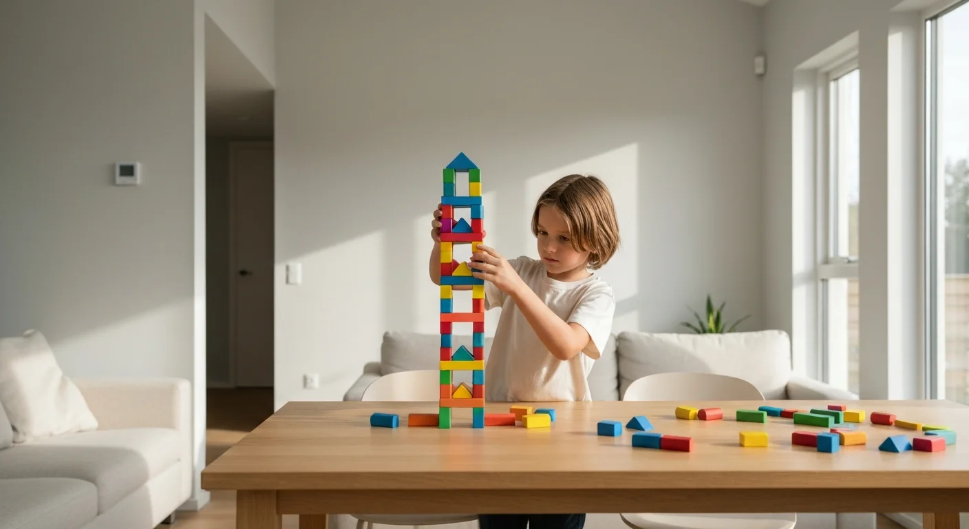 Child building an elaborate tower with colorful wooden blocks
