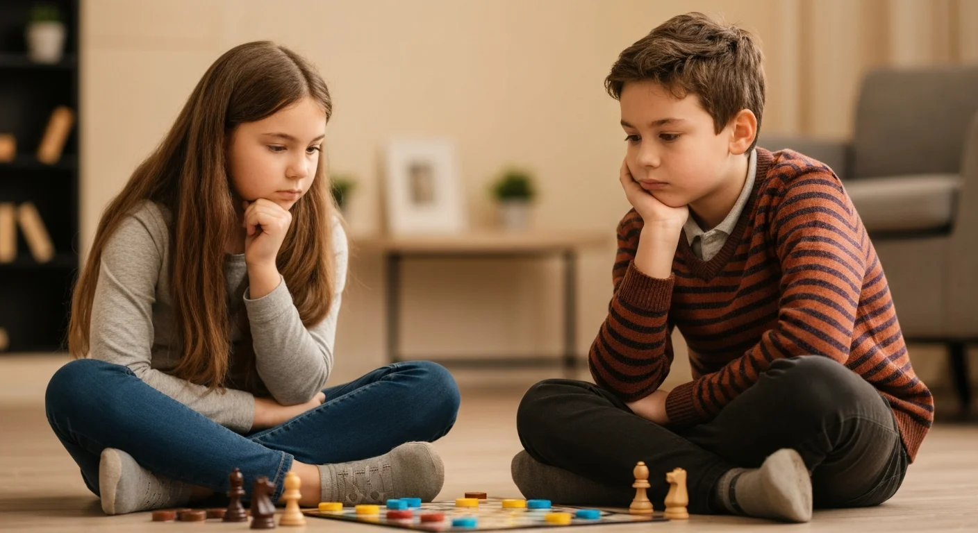 Two children playing a strategy board game together thoughtfully