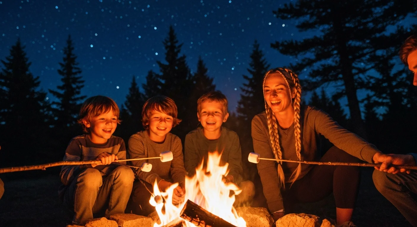 Die Familie versammelte sich abends ums Lagerfeuer und erzählte Geschichten unter dem Sternenhimmel