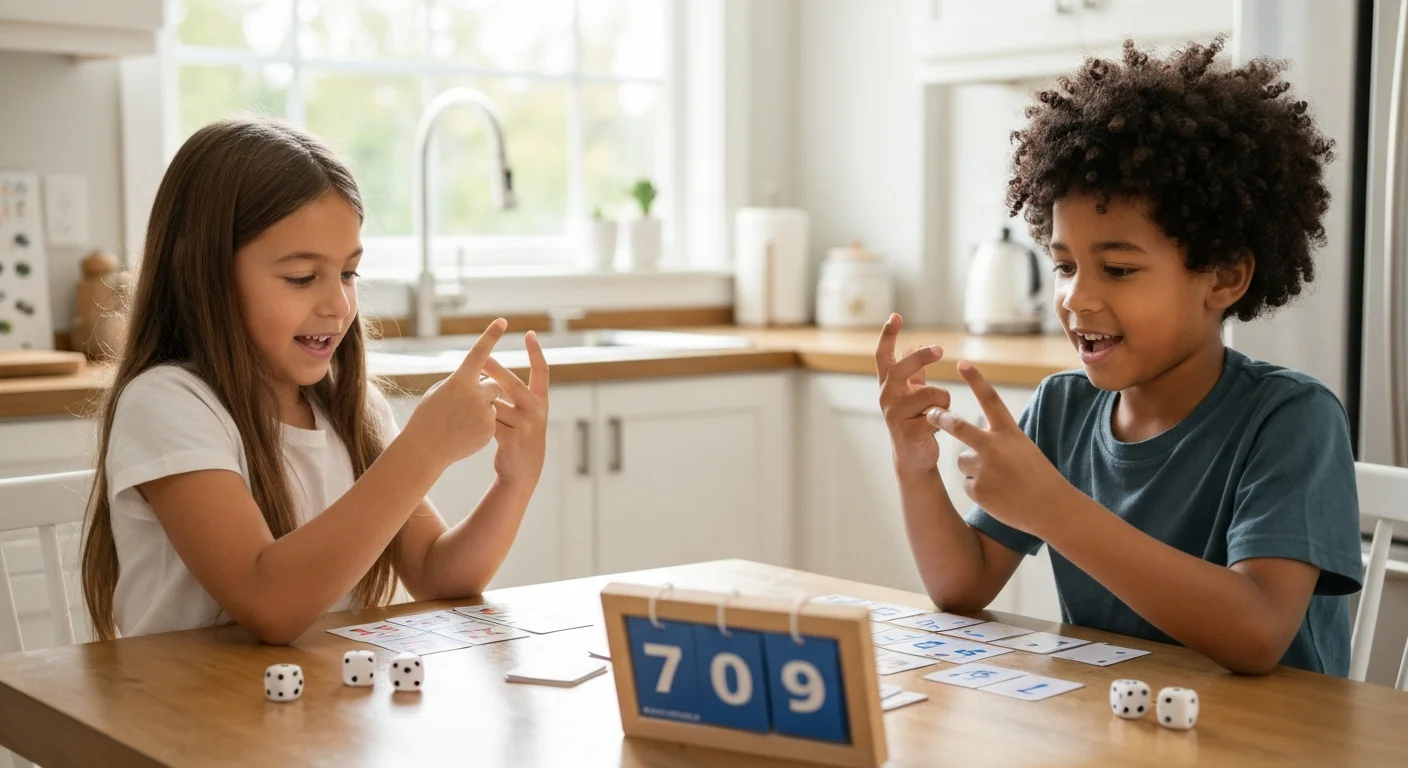 Children playing a math card game with dice at the kitchen table
