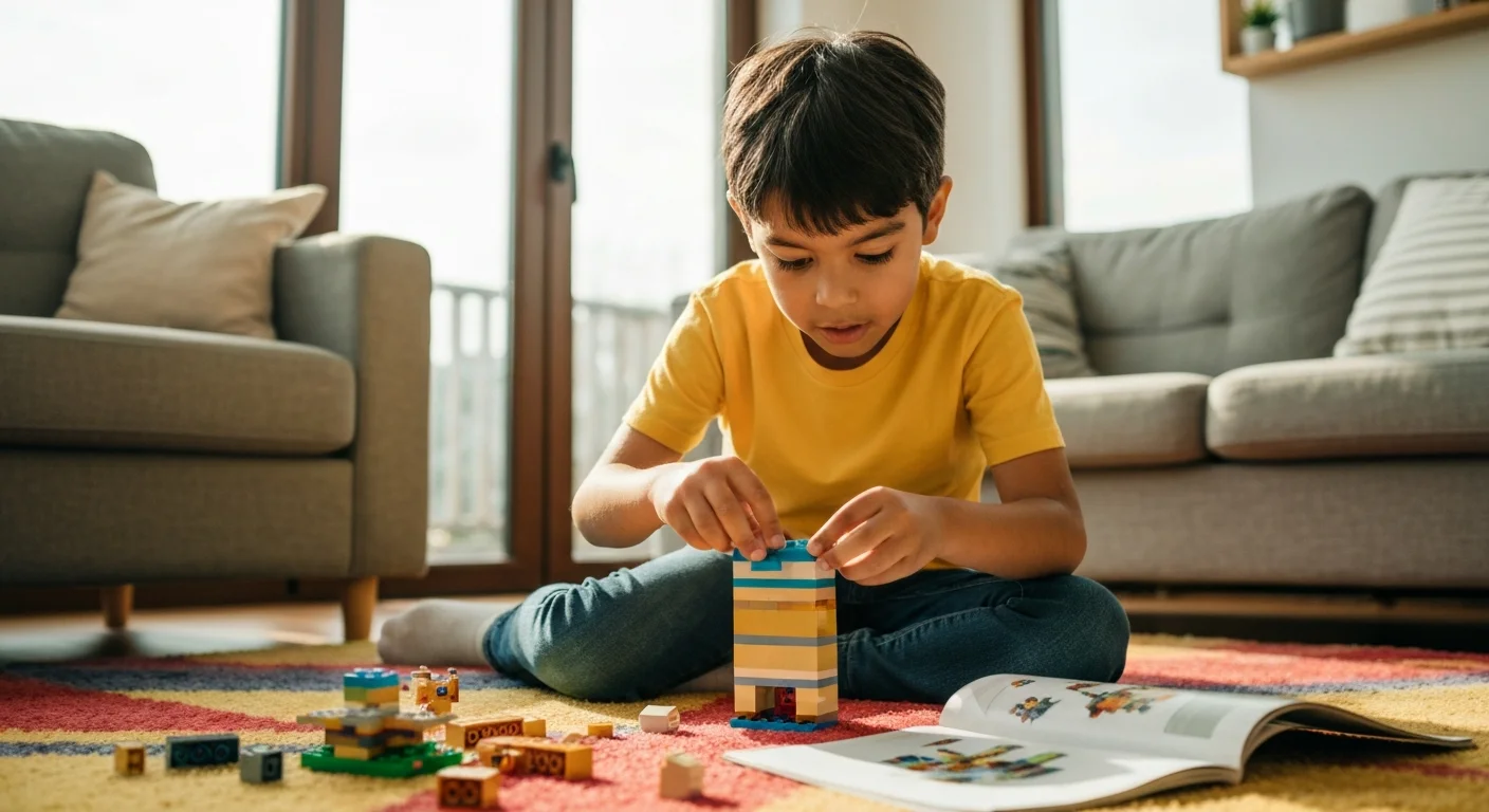 Child arranging letter tiles to spell words on a wooden table