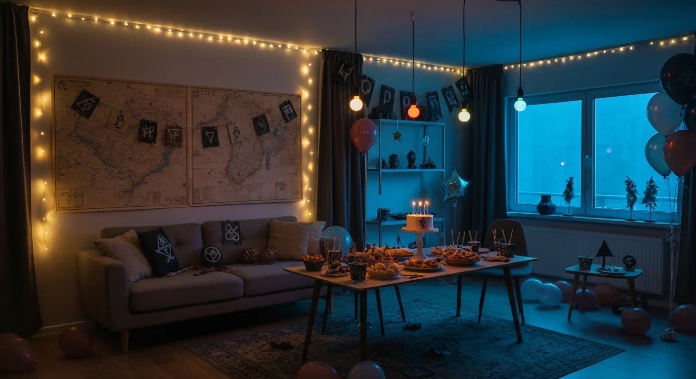 Living room transformed into an escape room birthday party with moody lighting and themed decorations