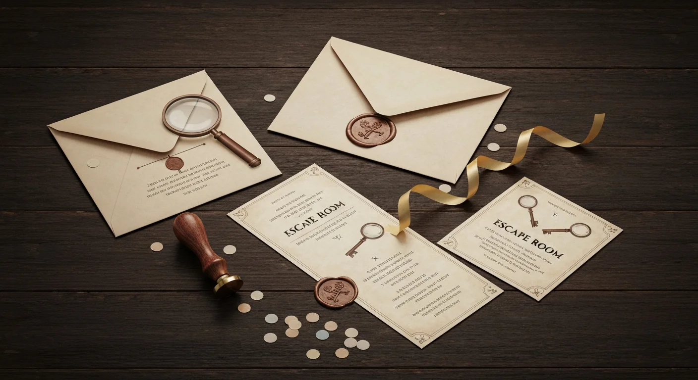 Beautifully designed escape room birthday party invitations with wax seal and vintage styling