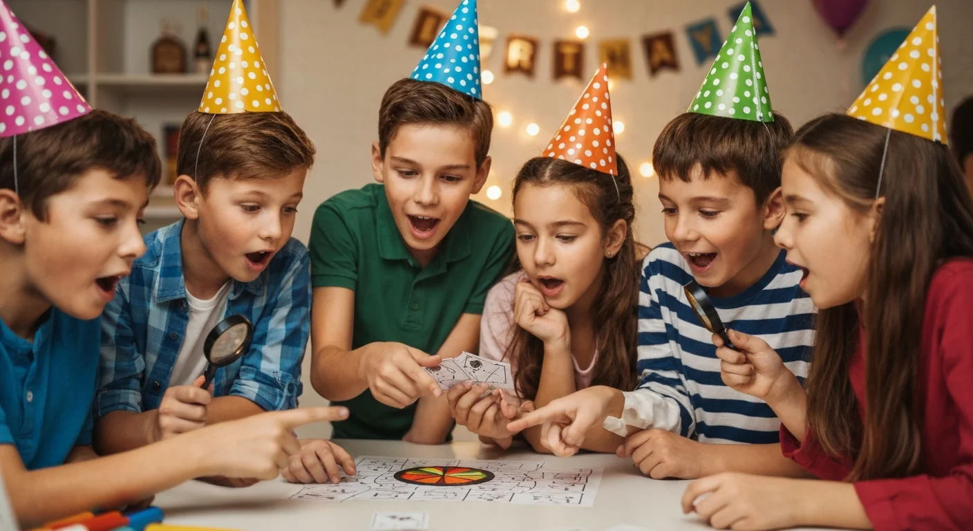 Excited kids solving escape room puzzles together at a birthday party