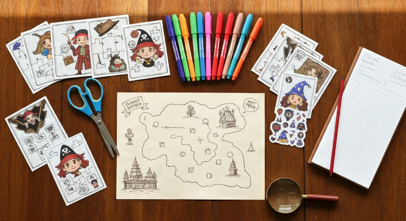 Escape room birthday party planning materials with themed puzzle cards and treasure map