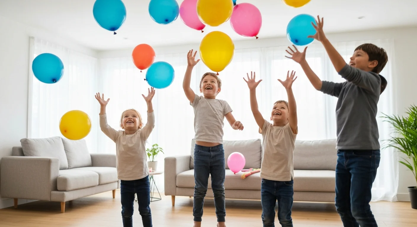 Kinderen spelen met kleurrijke ballonnen in de woonkamer.