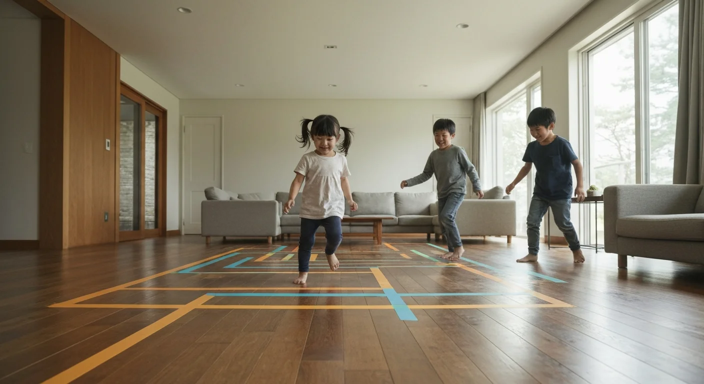 Kids playing active indoor tape maze game on living room floor