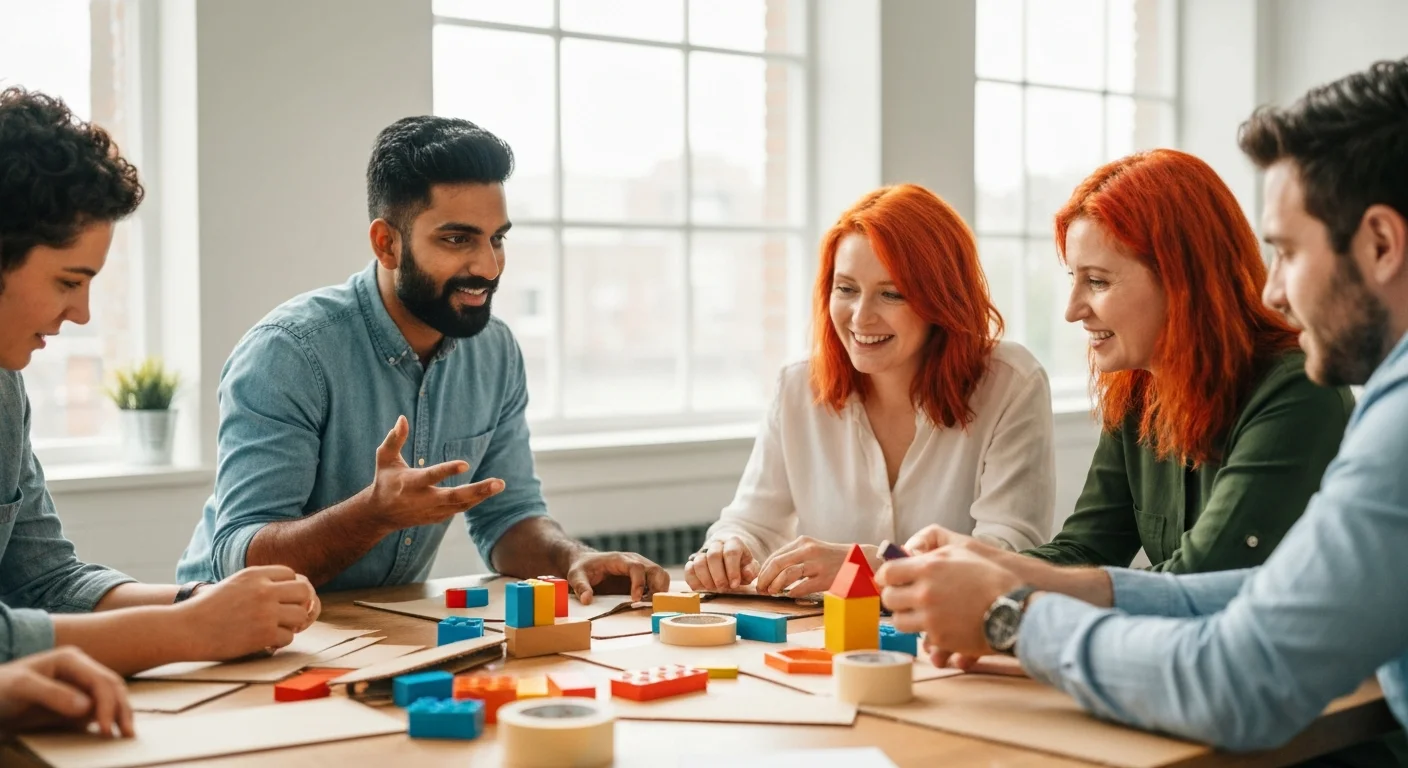 Children doing creative building projects at a table with blocks and cardboard