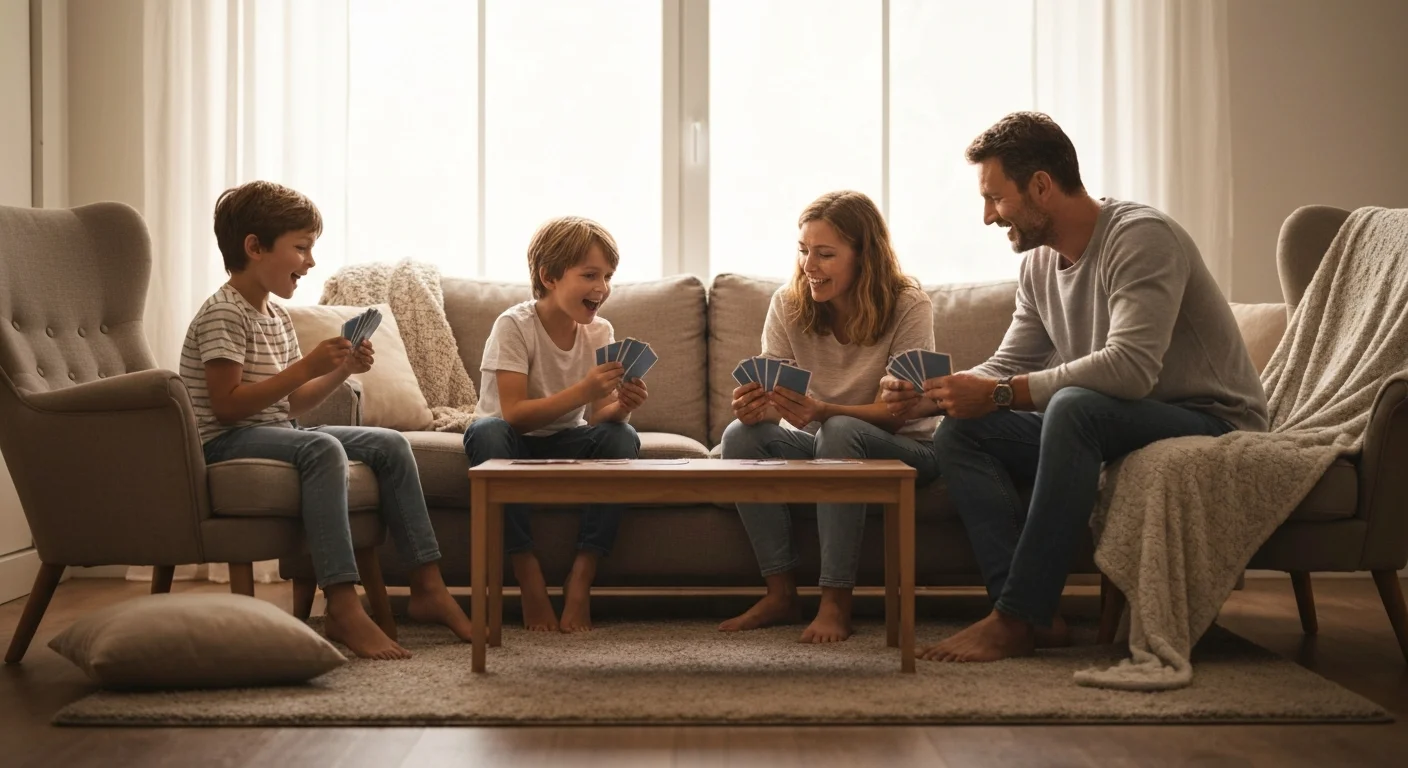 Children quietly playing a card game together on the carpet