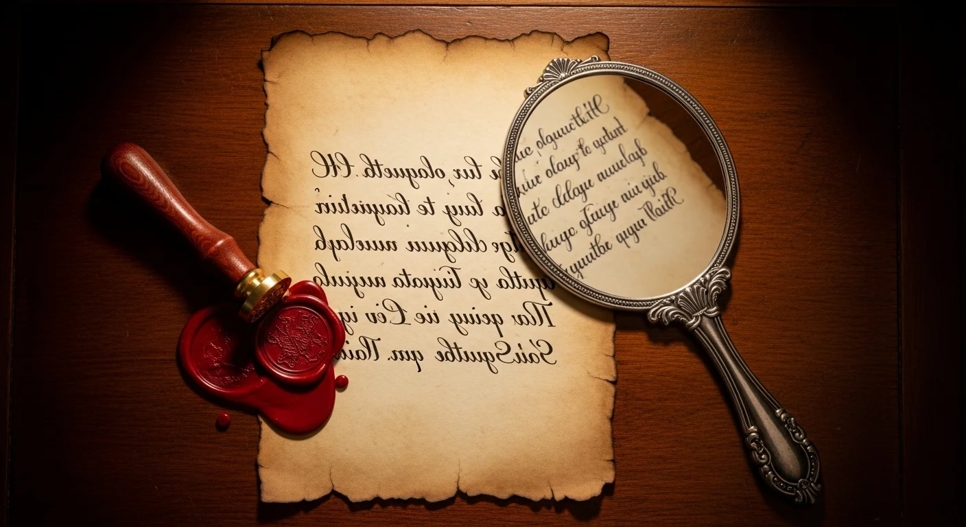 Mirror writing puzzle on aged parchment with magnifying glass and wax seal for DIY escape room