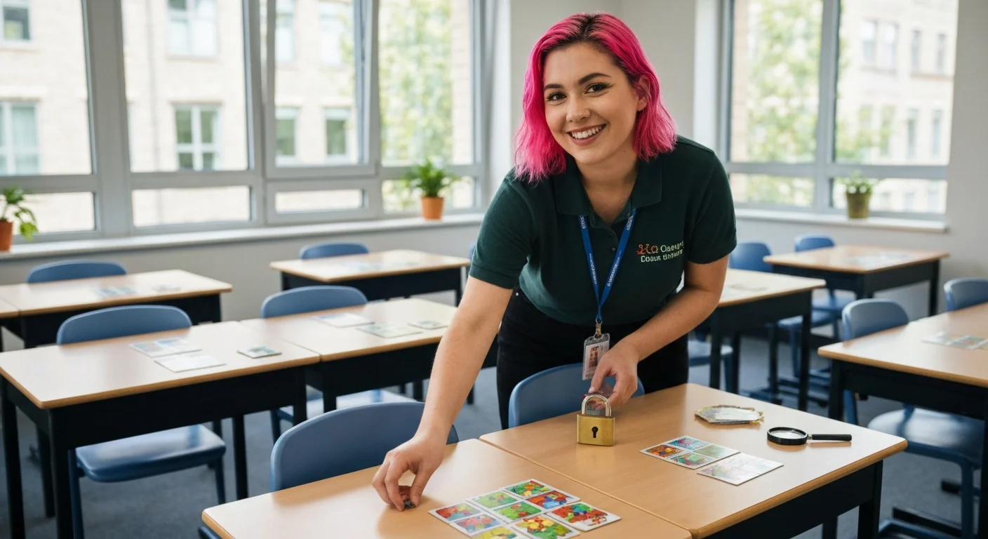 Lehrer legt Hinweiskarten für einen Escape Room auf die Klassenzimmertische.