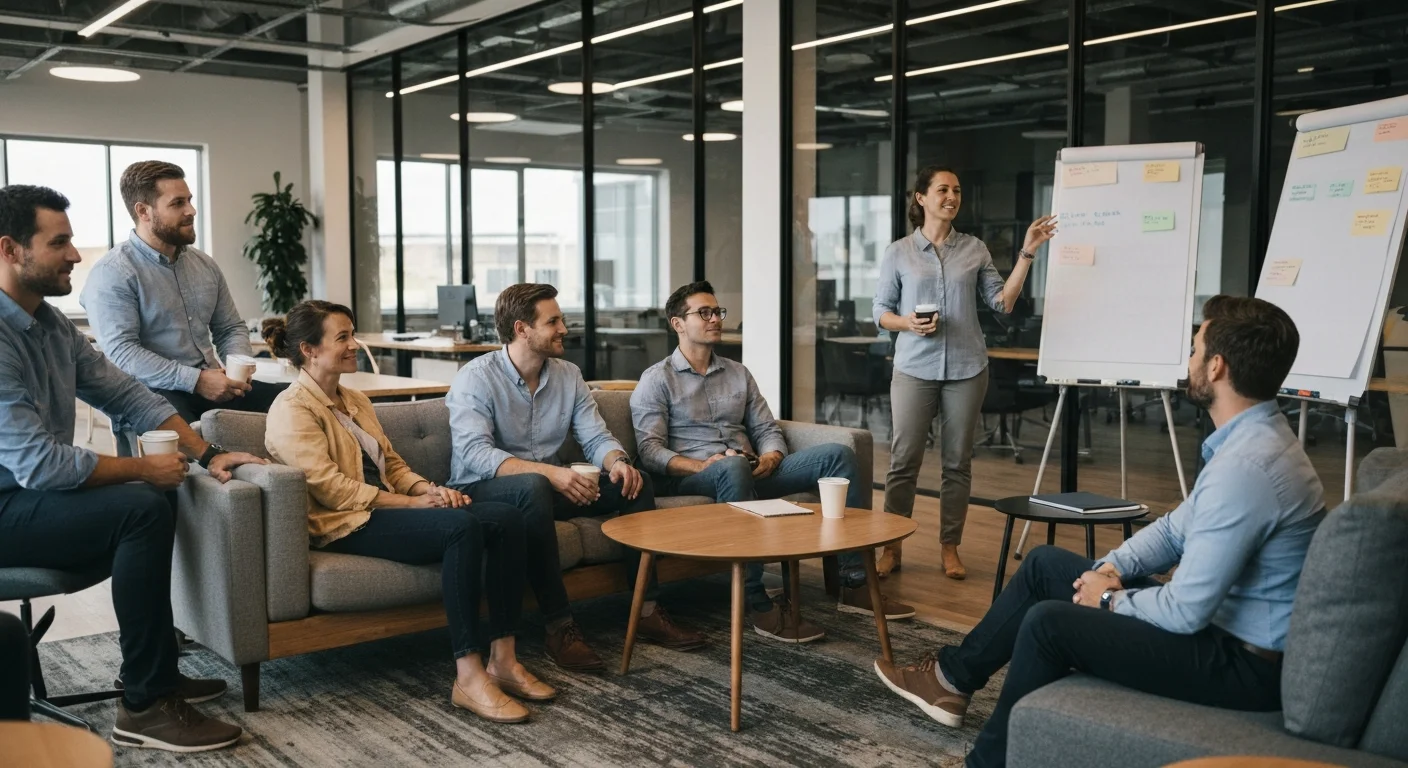 Team debriefing after escape room activity in office lounge