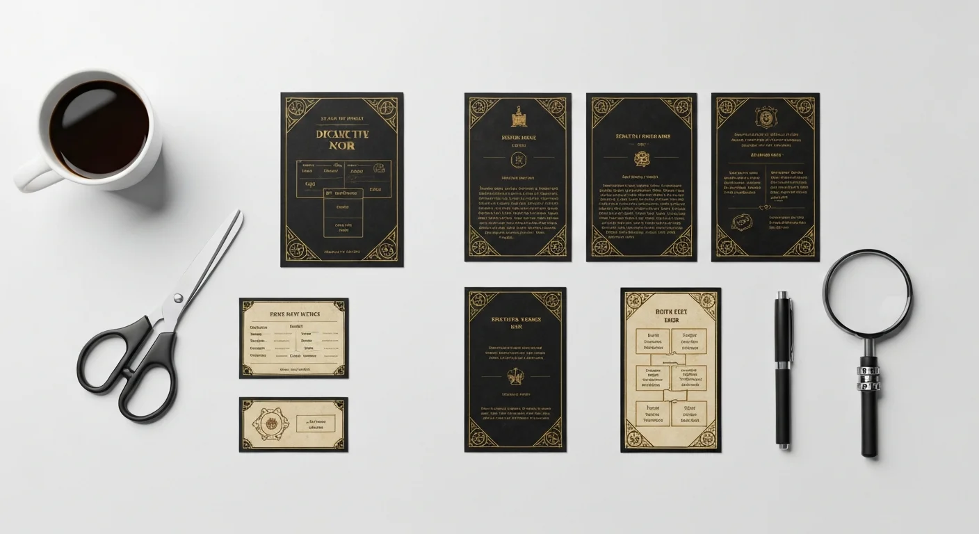 Printable escape room kit contents laid out on desk with noir detective theme