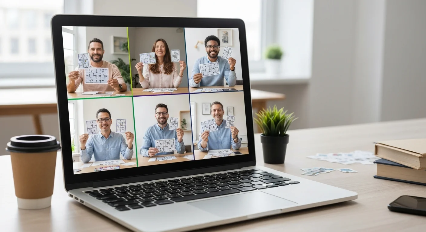 Remote team on video call solving printable escape room puzzles together