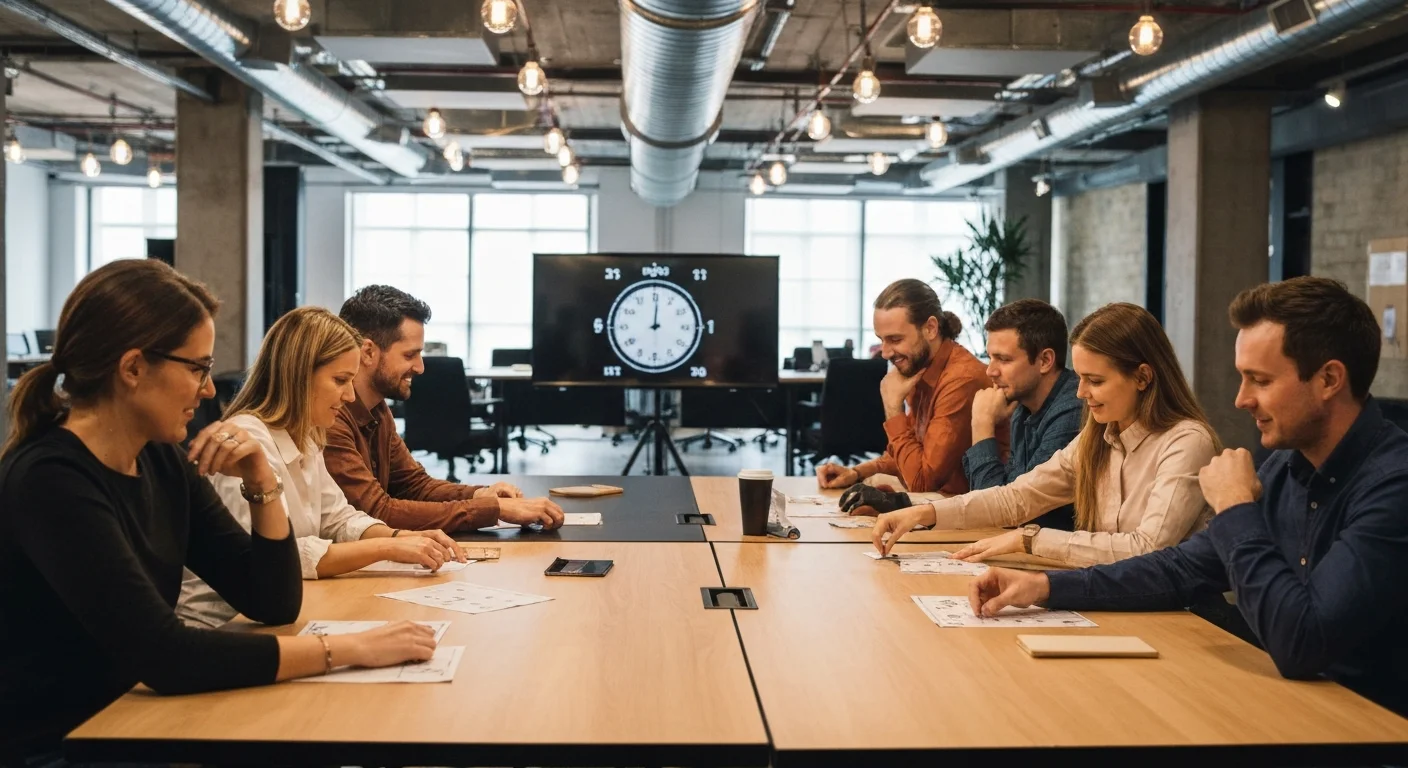 Two teams of coworkers competing in escape room challenge in office
