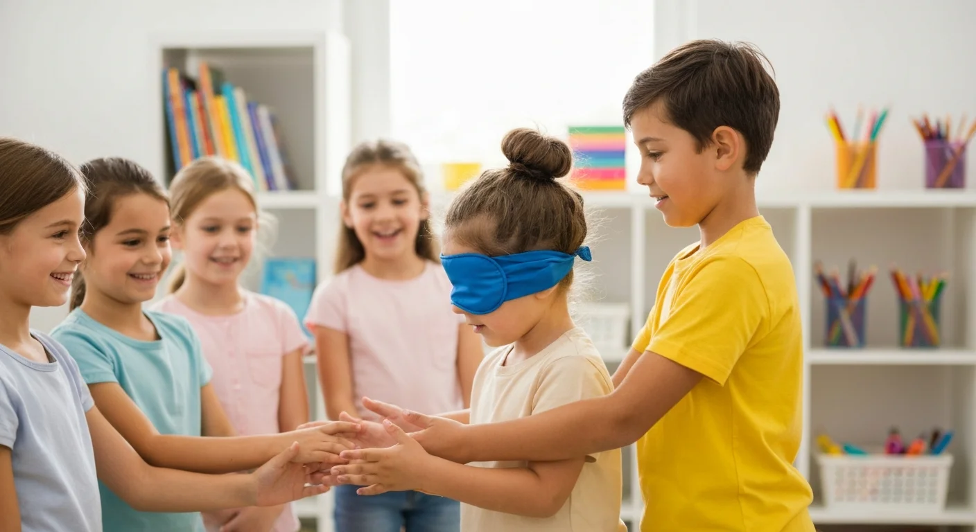 Een kind met een blinddoek wordt door een partner begeleid tijdens een vertrouwenswandeling.