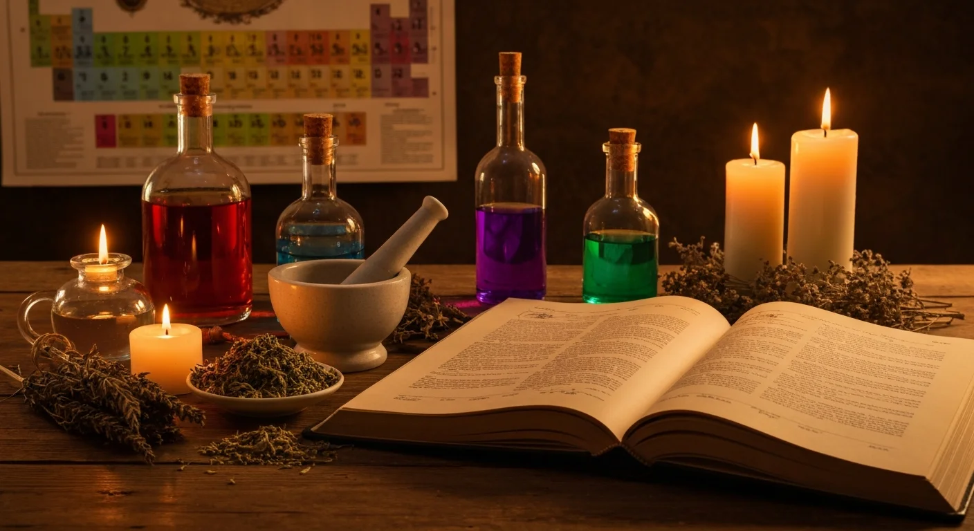 Mysterieus alchemielaboratorium met gloeiende drankjes en kaarsen.